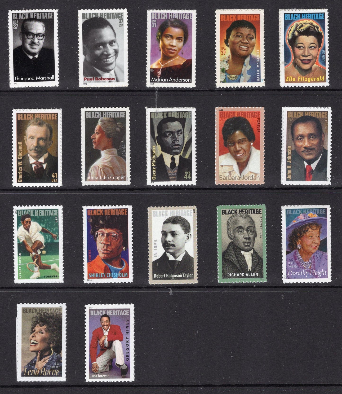 BLACK HERITAGE AMERICANS Collection with Two Display Pages - Complete 45 Fresh Bright Usa Stamps to Edmonia Lewis ping