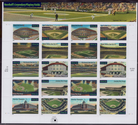 20 BASEBALL LEGENDARY STADIUMS Ball Parks Playing Fields Sheet with Back Text - Bright, unused Stamps - Vintage 2001 - 3510 - FreeUS Ship