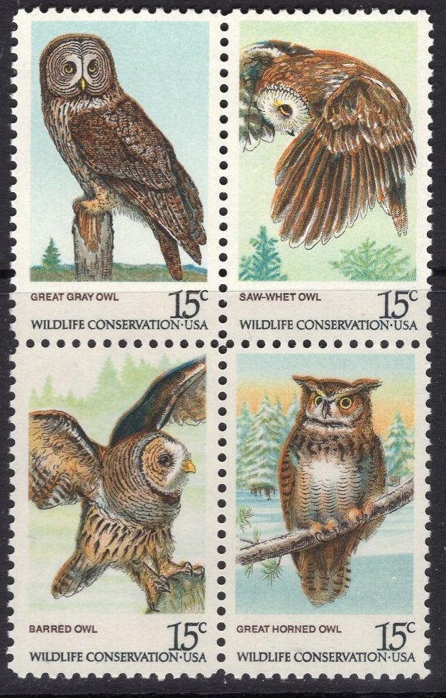 8 OWL OWLS Birds (2 each of the 4 shown in the scan below) - Fresh Bright US Postage Stamps - Vintage 1978 ping!