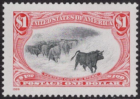 4 "CATTLE in a STORM" Painting Classic High Value Unused Fresh Bright US Postage Stamps - Vintage 1998 - Stock# 3210a Free Domestic Shipping