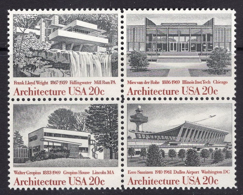 16 Architecture inc Wright Gropius Saarinen van der Rohe Unused Fresh Bright US Postage - Vintage 1982 - Stock# 2019-22 ping