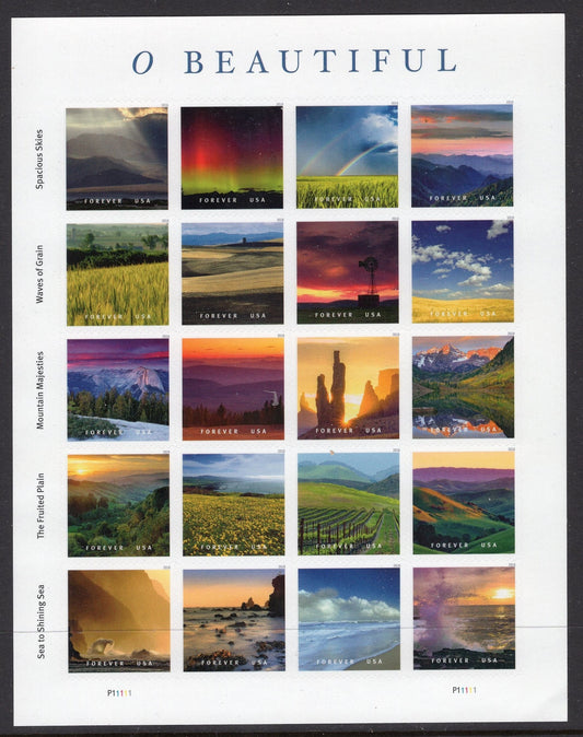 20 O'BEAUTIFUL AMERICA Scenic Nature Forever Stamps in 1 Sheet Bright Usa Postage Stamps - Vintage 2018 - Stock# 5298 