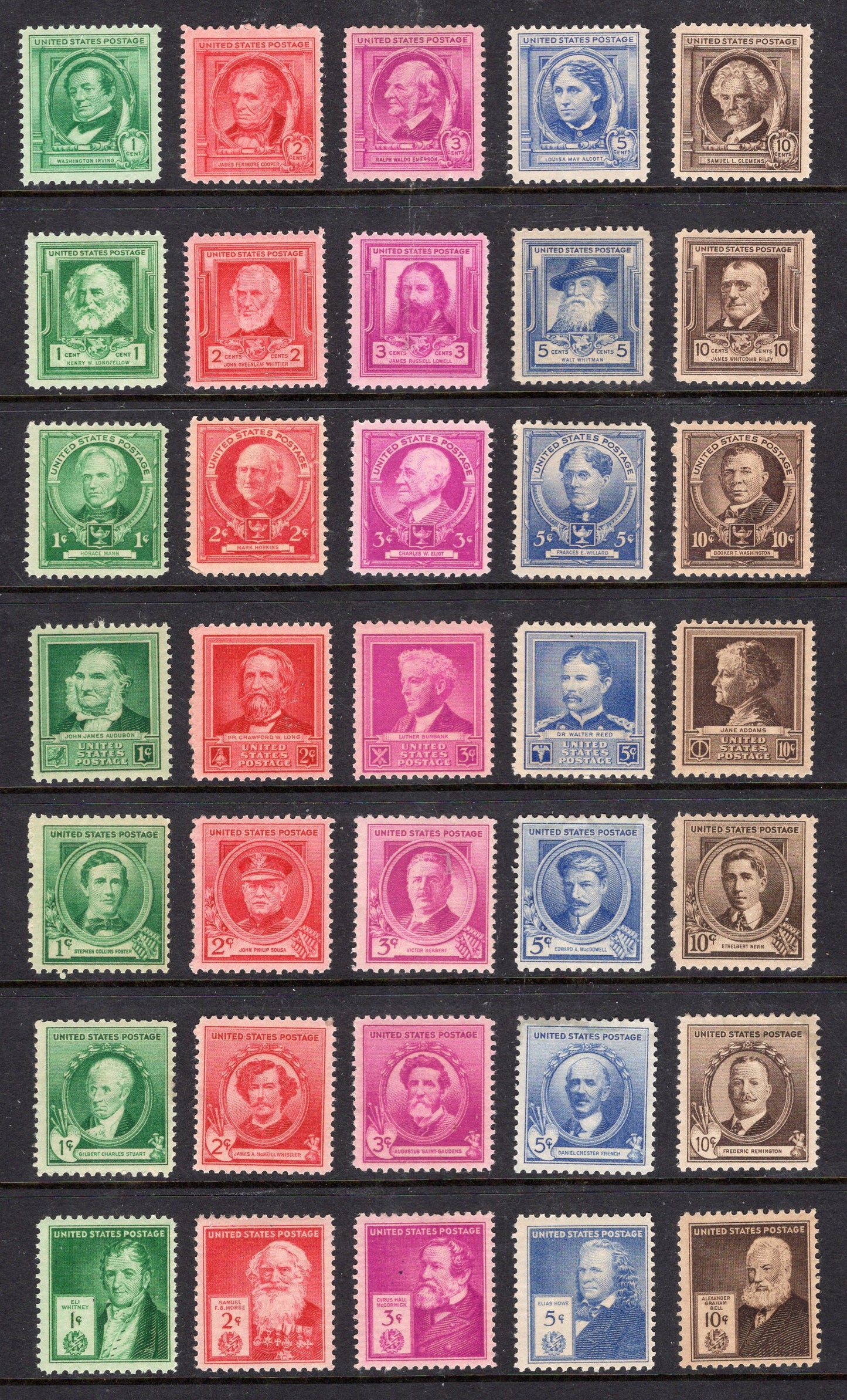 35 FAMOUS AMERICANS Vintage 1940 Complete Collection Authors Poets Scientists Composers Inventors, USA Fresh Bright Stamps - FreeUSA Ship