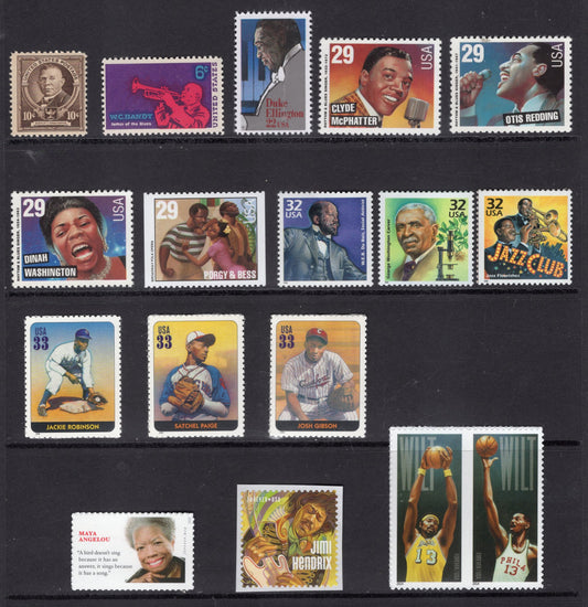 BLACK AMERICANS #2 Collection - 17 Fresh Bright Usa Stamps No Duplication with our other Black Heritage Collections -Stock# B2