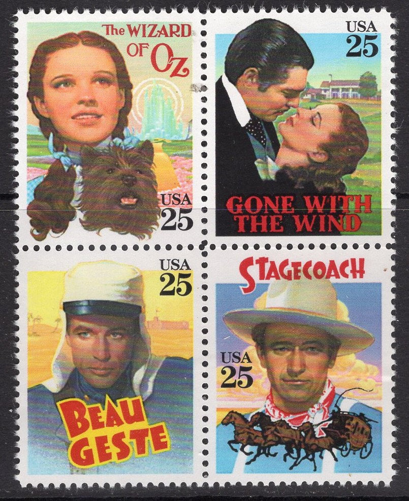 5 CLASSIC FILMS Blocks of 4 each with GABLE Garland Cooper Wayne - Unused Fresh, Bright Postage - Vintage 1990 -Stock# 2445 