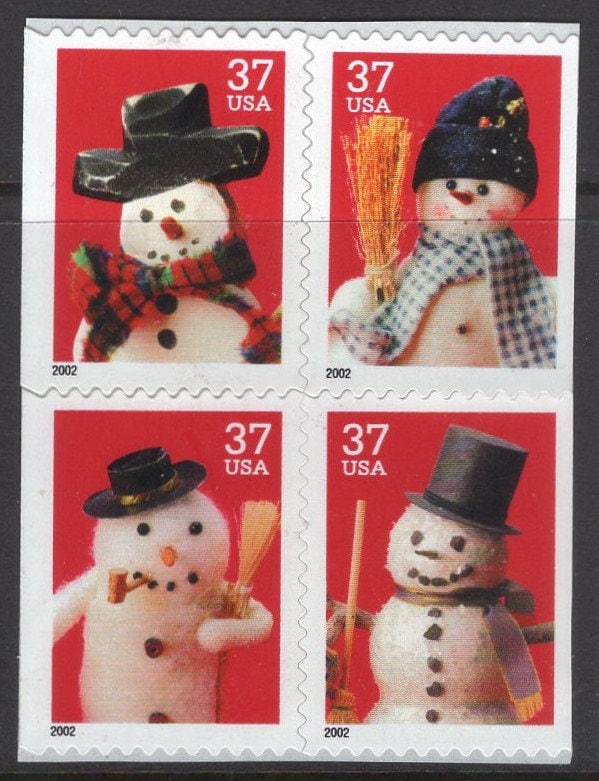 8 CHRISTMAS SNOWMEN (2 Blocks of 4) Unused USA Postage Stamps - Quantity Available - Vintage 2002 - Stock# 3684+ 