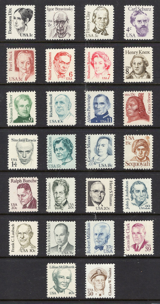 1 GREAT AMERICANS 26 Stamps Collection Sequoyah Carson Nimitz Bunche Truman Buck USA Vintage 1980-85 - Stock# 1844-69 