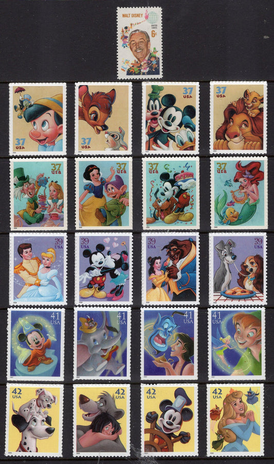 DISNEY COLLECTION of 21 HAPPY Fresh Bright USa Stamps - 1968/2008 - Quantity Available - Vintage 1968-2008 - Stock# Disney21 