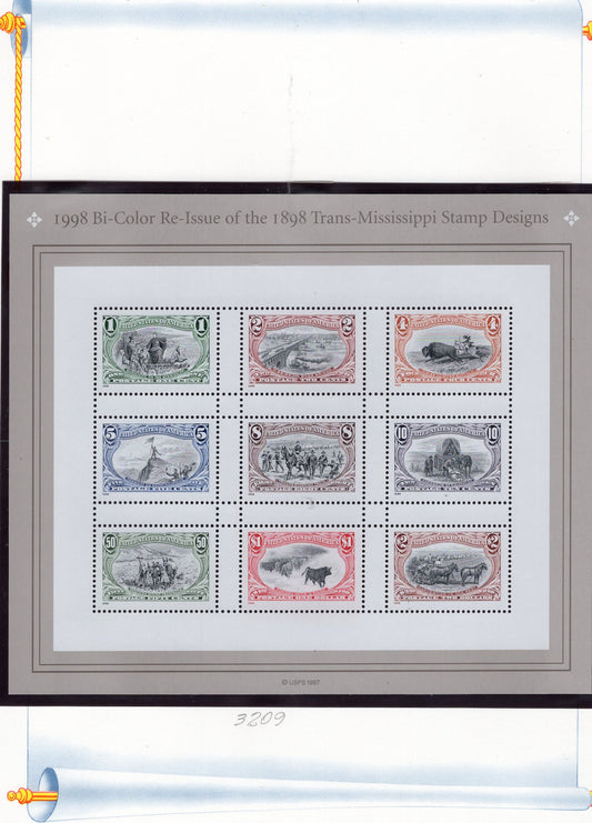 1998 BI-COLOR MISSISSIPPI Sheet of 9 Reissue Stamps of 1898 Bright Unused USa Postage Stamps -Vintage 1998 - Stock# 3209