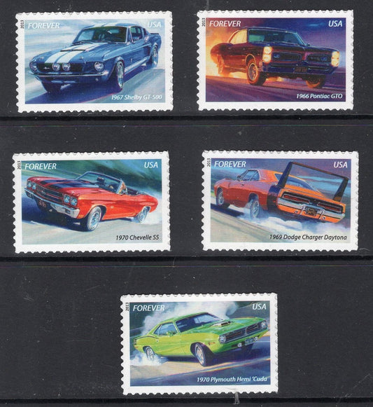 5 MUSCLE CARS Shelby Charger GTO Chevelle Ply Barricuda Unused Fresh Usa Postage Stamps - Vintage 2013 -Stock# 4743 ping