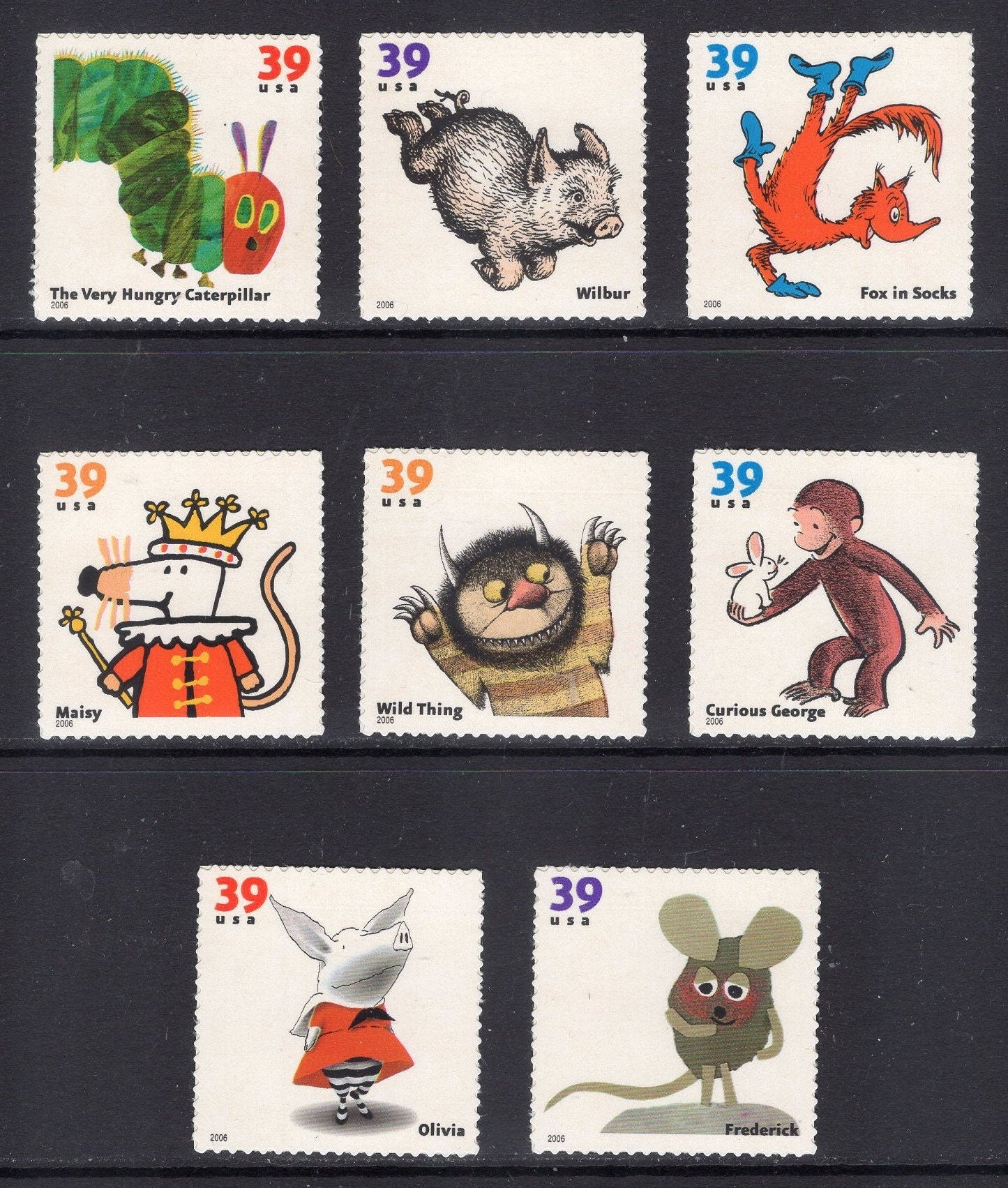 8 CHILDREN'S BOOK ANIMALS inc Curious George Very Hungry Caterpillar Unused Postage Stamps - Quantity Available - Stock# 3987