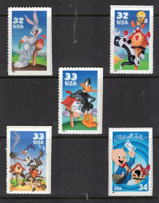 LOONEY TUNES COMPLETE Collection of 5 Stamps - Unused Fresh Bright Usa Postage - Vintage 1997//2001 - Stock# 3137//3534 