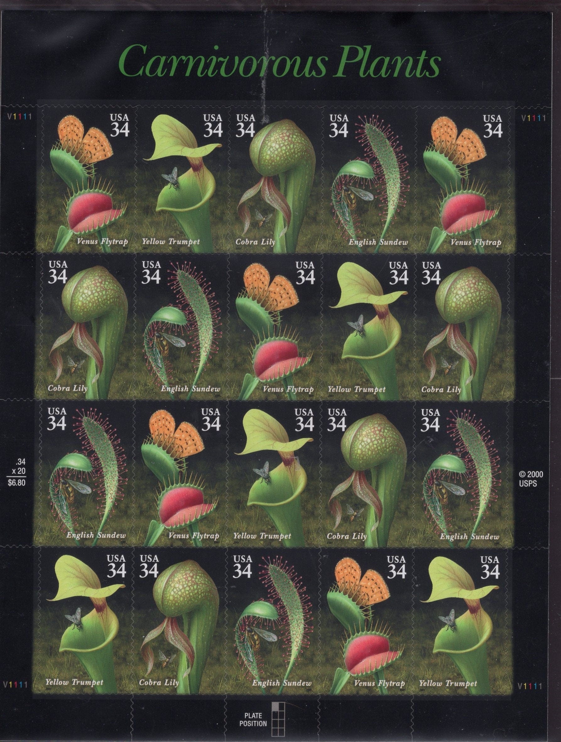 CARNIVOROUS PLANTS Sheet of 20 Flytrap Cobra Lily Quantity Available 34c Postage Stamps - Bright Fresh Vintage 2001 Stock# 3528 FreeUSA Ship