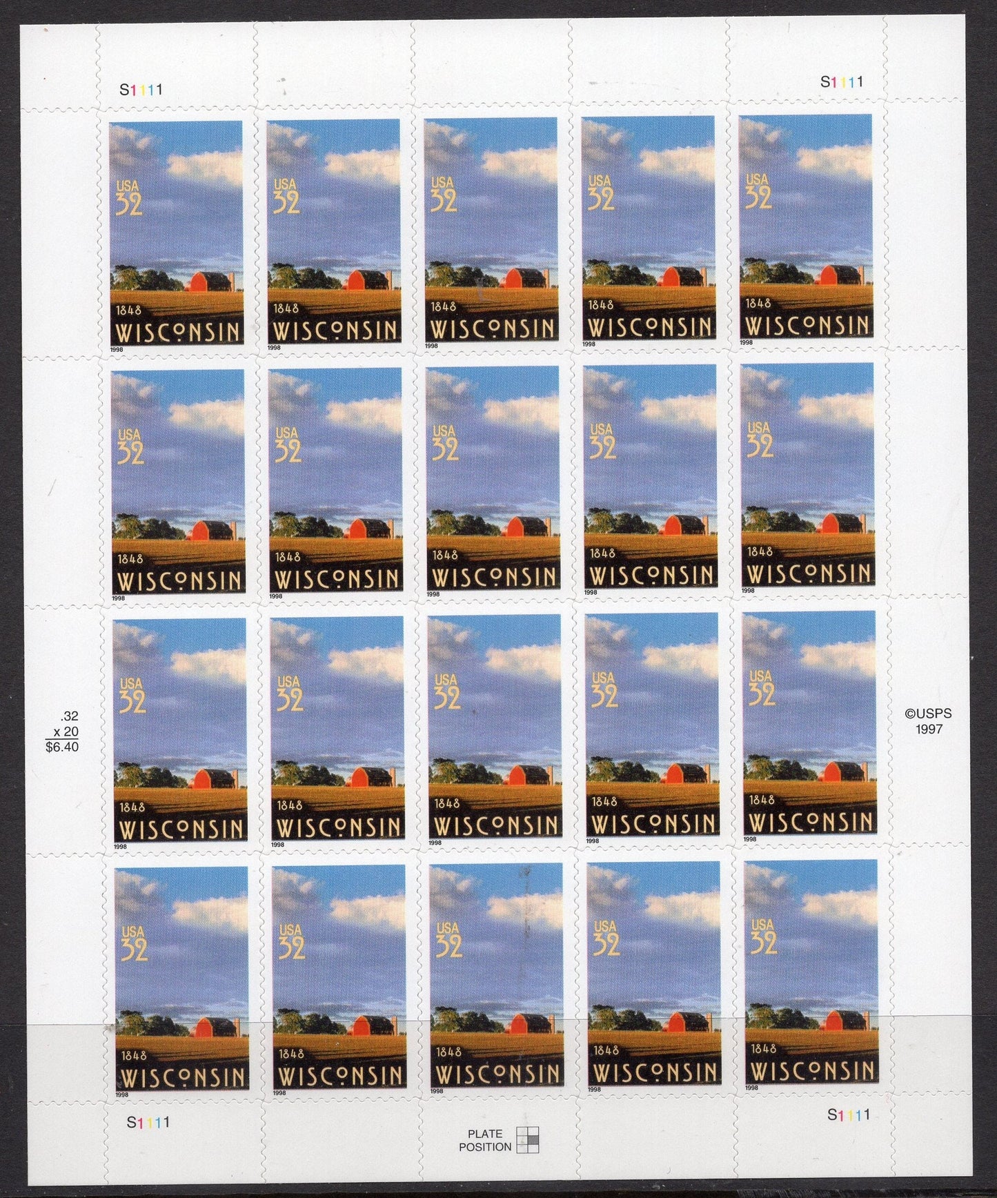 WISCONSIN STATEHOOD FARM Scene Red Barn Cloud Sheet of 20 - Fresh Bright Stamps - Vintage 1998 -Stock# 3206ping