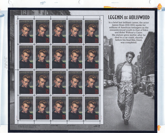 JAMES DEAN Actor DECORATIVE Sheet of 20 Usa Stamps - Unused, Fresh, Bright Post Office Fresh - Vintage 1996 - Stock# 3082 M 