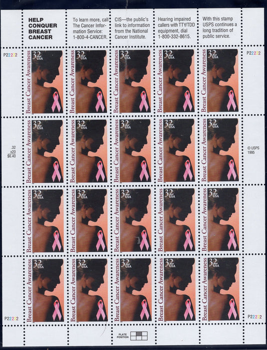 BREAST CANCER AWARENESS with Tabs Sheet of 20 Usa Stamps - Unused, Fresh, Bright Post Office - Vintage 1996 - Stock# 3081 M 