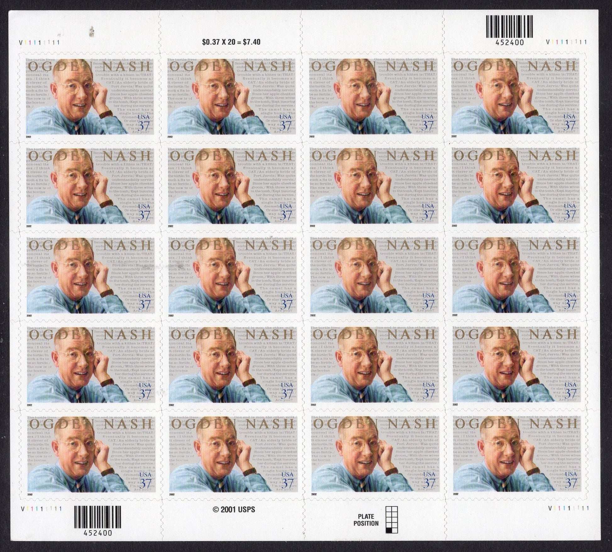 OGDEN NASH HUMORIST 37c Sheet of 20 Stamps - Mint, Bright and Post Office Fresh - Vintage 2002 - Stock# 3659 