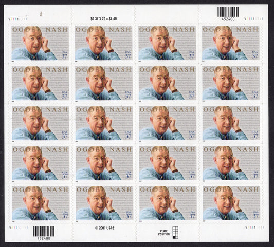 OGDEN NASH HUMORIST 37c Sheet of 20 Stamps - Mint, Bright and Post Office Fresh - Vintage 2002 - Stock# 3659 