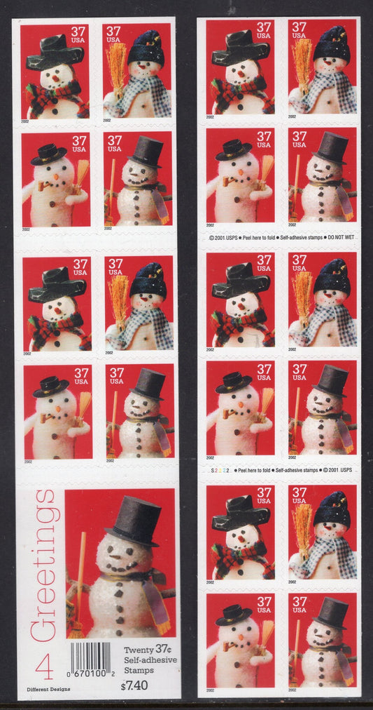 20 CHRISTMAS SNOWMEN Scarf Pipe Hat Booklet Bright USA Postage Stamps - Quantity Available - Vintage 2002 - Stock# 3684 Bk 