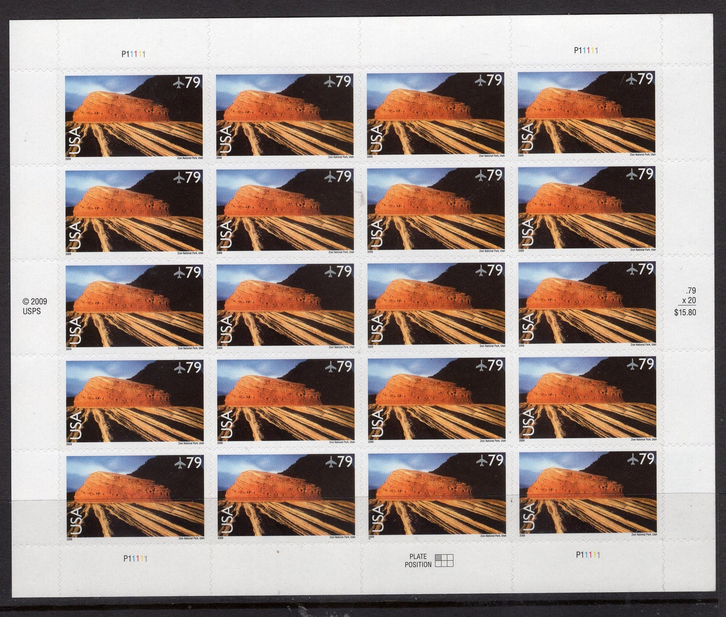 ZION NATIONAL PARK Utah Sheet of 20 Scenic Usa Landscapes Stamps - Unused, Fresh, Bright - Vintage 2009 - Stock# C146 M 