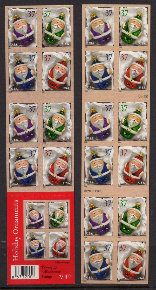 CHRISTMAS SANTA ORNAMENTS Booklet of 20 Stamps Self-adhesive - Purple Red Green Blue - 2004 Stock# 3887 S 