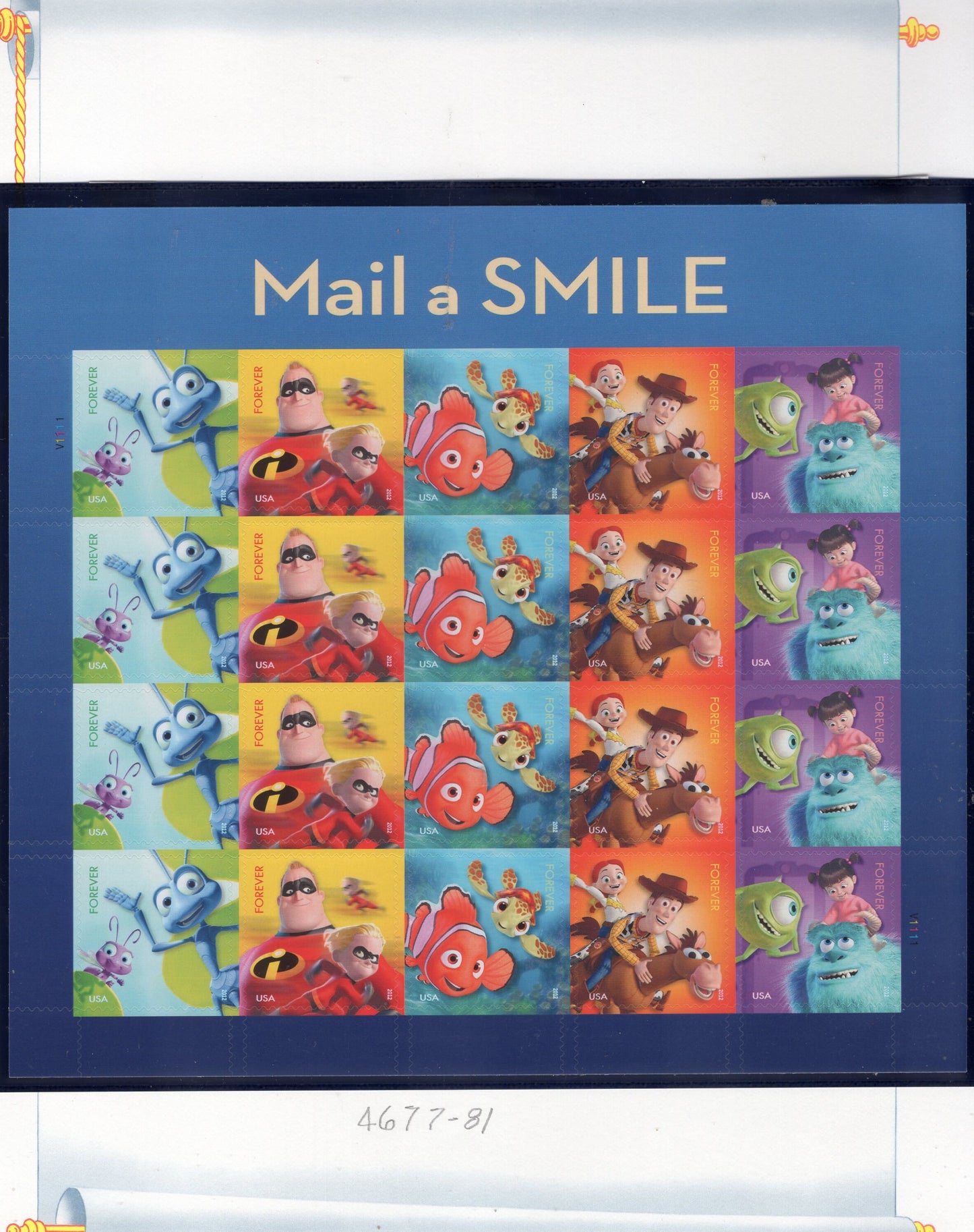 MAIL A SMILE Disney Sheet of 20 Stamps - Mint Post Office Fresh - Vintage 2012 - Stock# 4677 M ping