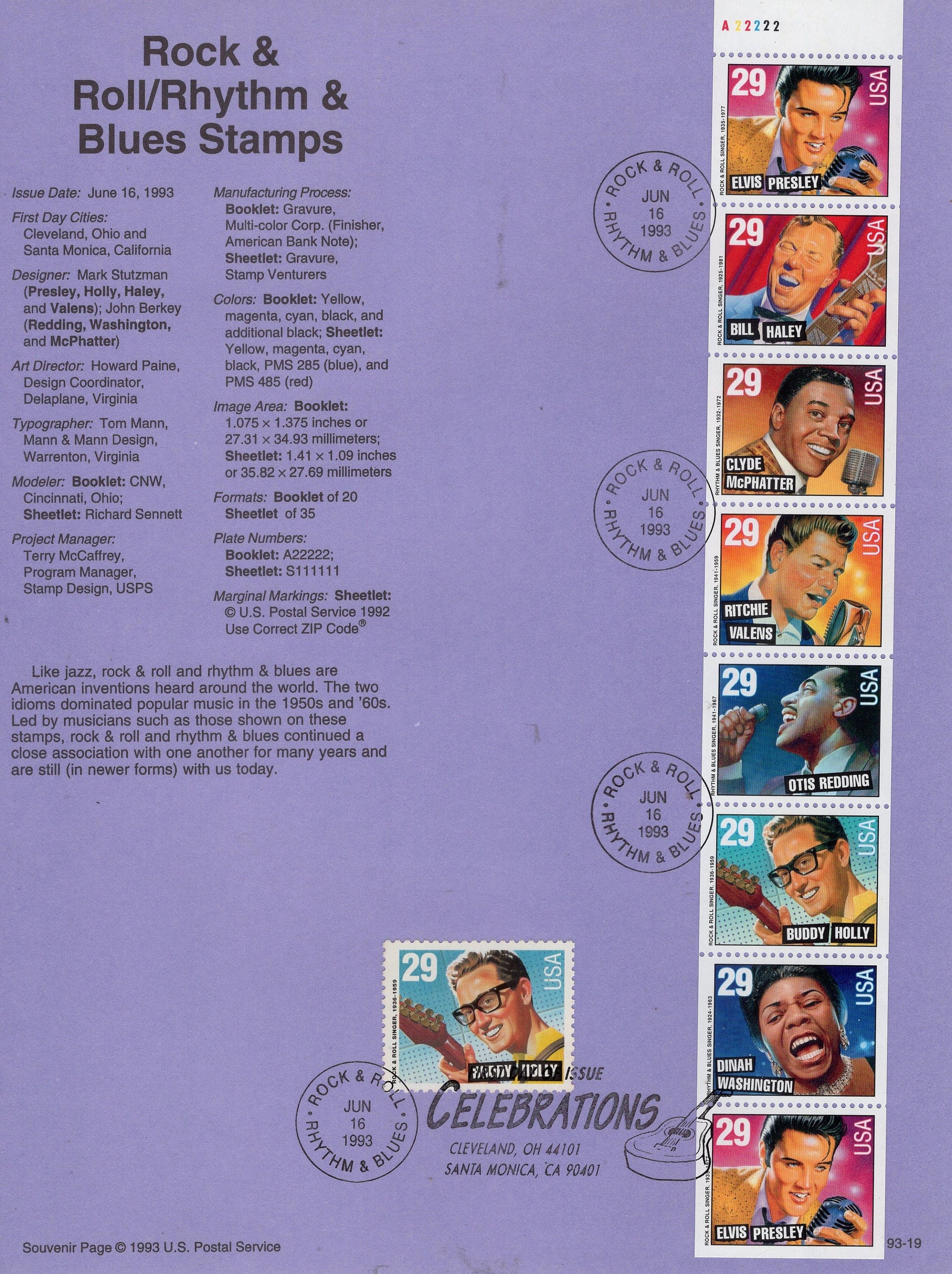 JAZZ SINGERS ELVIS D Washington Black Heritage Usps Souvenir Page Stamp with First Day Cancel Text - Vintage 1993-Stock# 2731 