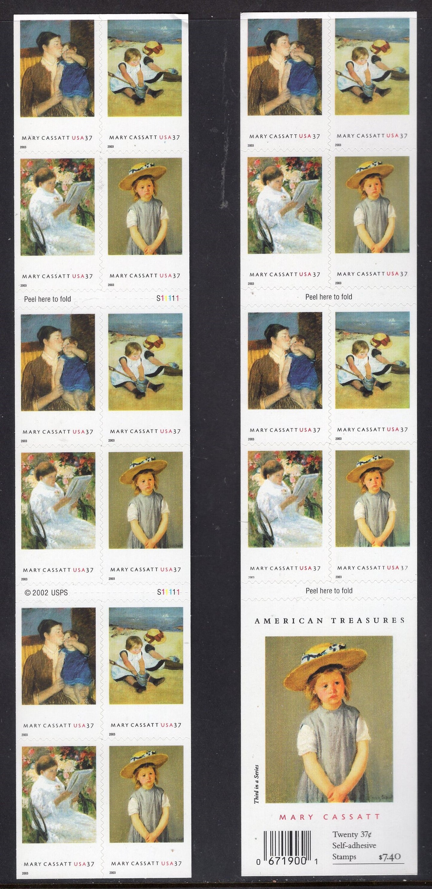 MARY CASSATT PAINTER Booklet of 20 Stamps Young Mother-Children Playing-Balcony-Child Straw Hat- Vintage 2003-Stock# 3804 B - FreeUSA Ship