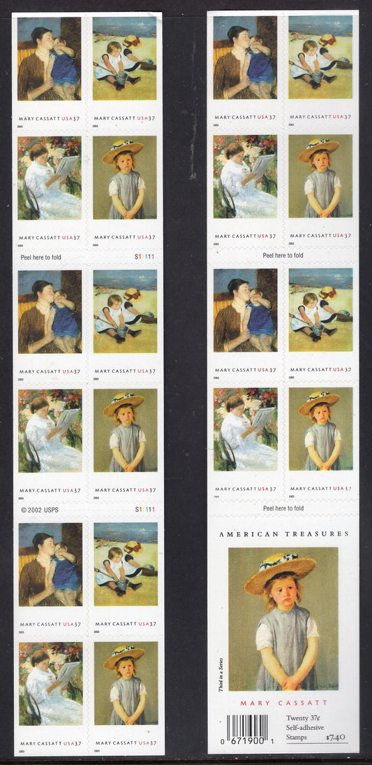 MARY CASSATT PAINTER Booklet of 20 Stamps Young Mother-Children Playing-Balcony-Child Straw Hat- Vintage 2003-Stock# 3804 B 