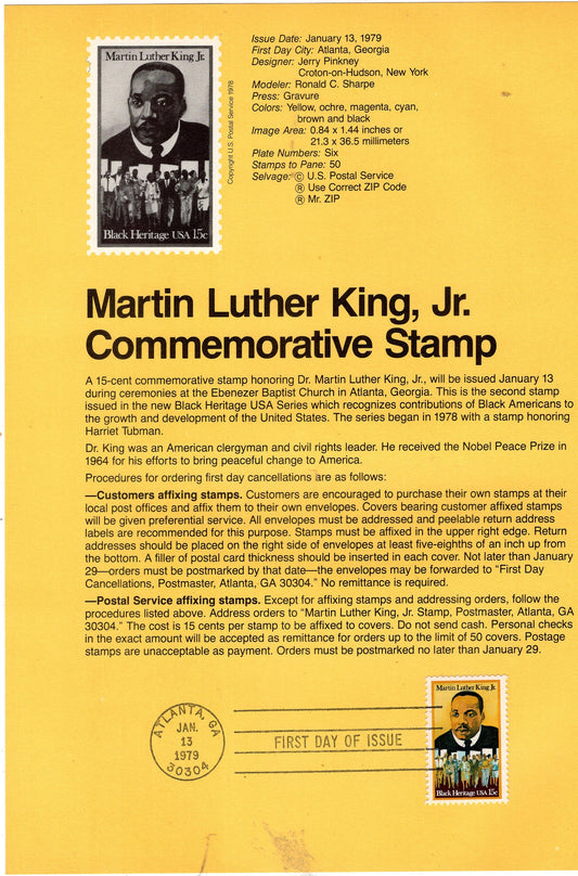 MARTIN LUTHER KING Jr Civil Rights Black Heritage Official Usps Souvenir Page Stamp First Day + Text - Vintage 1979-Stock# 1771-FreeUSA Ship