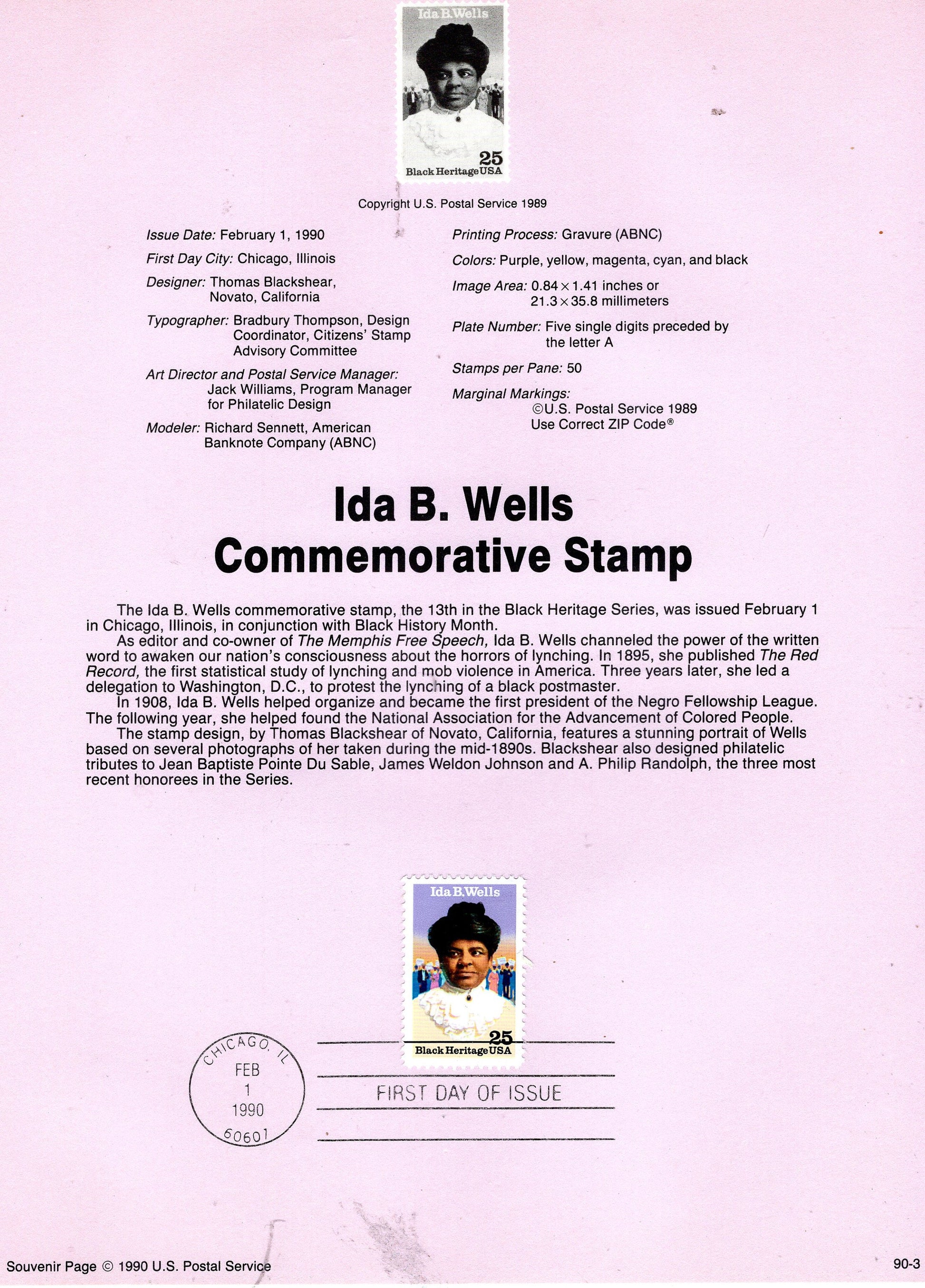 IDA B. WELLS Journalist Civil Rights Black Heritage Official Souvenir Page Stamp First Day + Text - Vintage 1990 - Stock# 2442