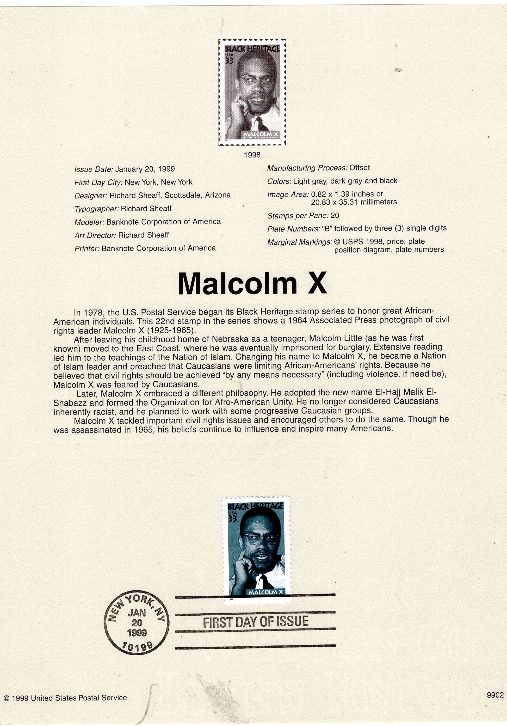 MALCOLM X Civil Rights Activist Black Heritage Official USPS Souvenir Page Stamp First Day + Text - Vintage 1999 - Stock# 3273