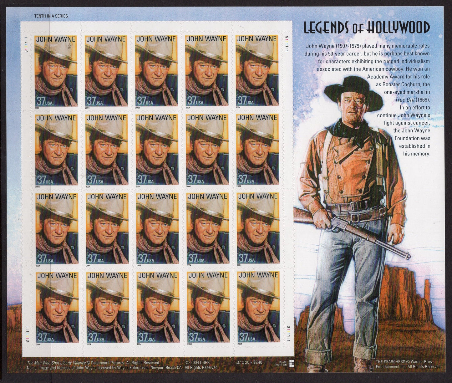 JOHN WAYNE LEGENDS of Hollywood Decorative Sheet of 20 Stamps - The Duke - Marion Morrison Vintage 2004 Stock# 3876 