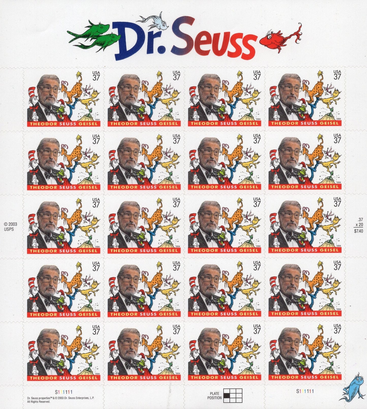 DR SEUSS Theodor Geisel DECORATIVE of 20 Stamps Self-adhesive Children Humor Book- Purple Red Green Blue - 2004 Stock# 3835 