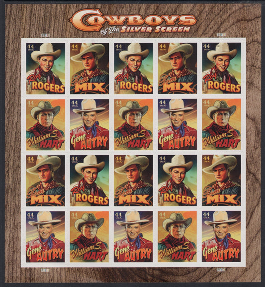 COWBOYS ROY ROGERS Gene Autry Tom Mix W Hart Film Silver Screen Self-adhesive Sheet of 20 - Fresh- Vintage 2010-Stock# 4446-49