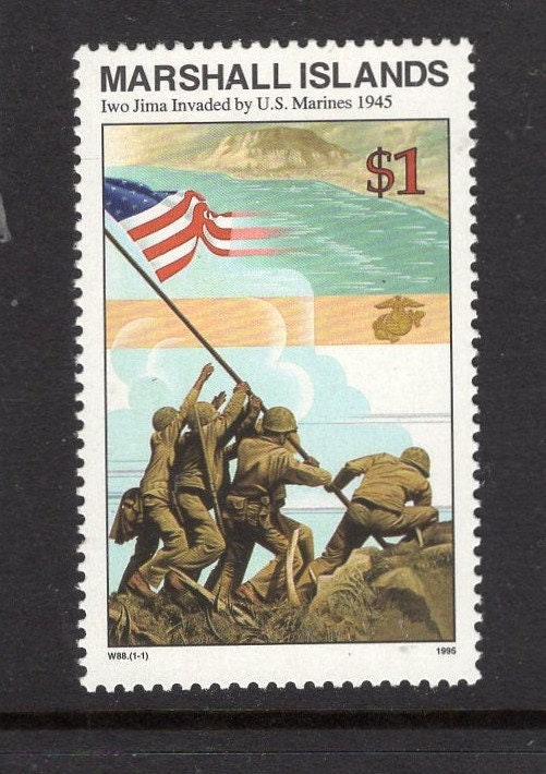 IWO JIMA INVADED Mt. Suribachi World War 2 Commemorative Stamp from Marshall Islands - Fresh Bright - Vintage 1995-Stock# 506 