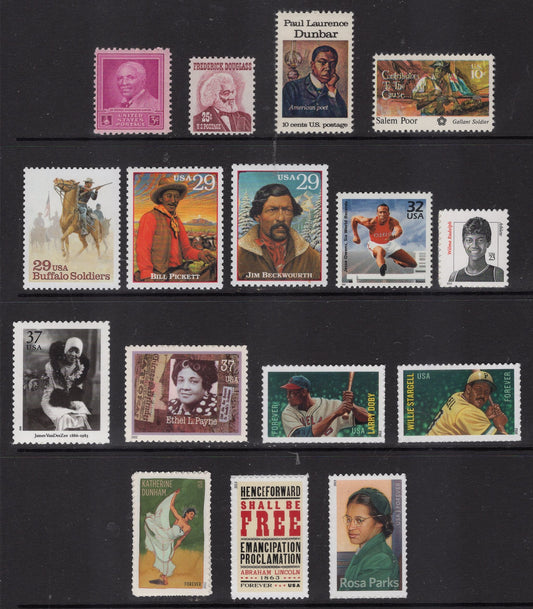 BLACK AMERICANS #4 Collection - 16 Fresh Bright Usa Stamps No Duplication with our other Black Heritage Collections -Stock# B4