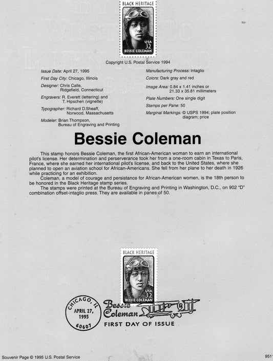 BESSIE COLEMAN Aviator Black Heritage Official USPS Souvenir Page Stamp with First Day Cancel Text - Vintage 1995-Stock# 2956 