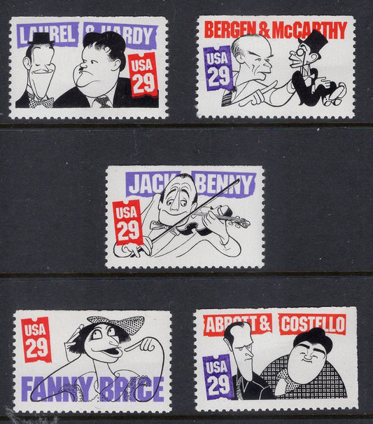 5 CLASSIC COMEDIANS LAUREL Hardy Jack Benny Abbott Costello Brice Edgar Bergen Stamps -Bright Fresh - Vintage 1991 Stock# 2562-FreeUSA Ship