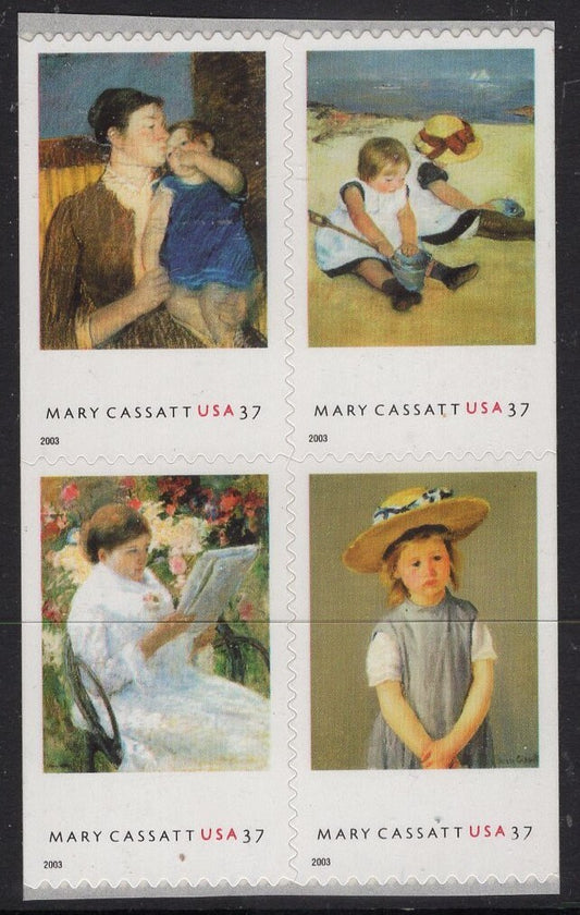 MARY CASSATT PAINTER Block of 4 Stamps Young Mother- Children Playing- Balcony- Child Straw Hat- Vintage 2003-Stock# 3804 K 