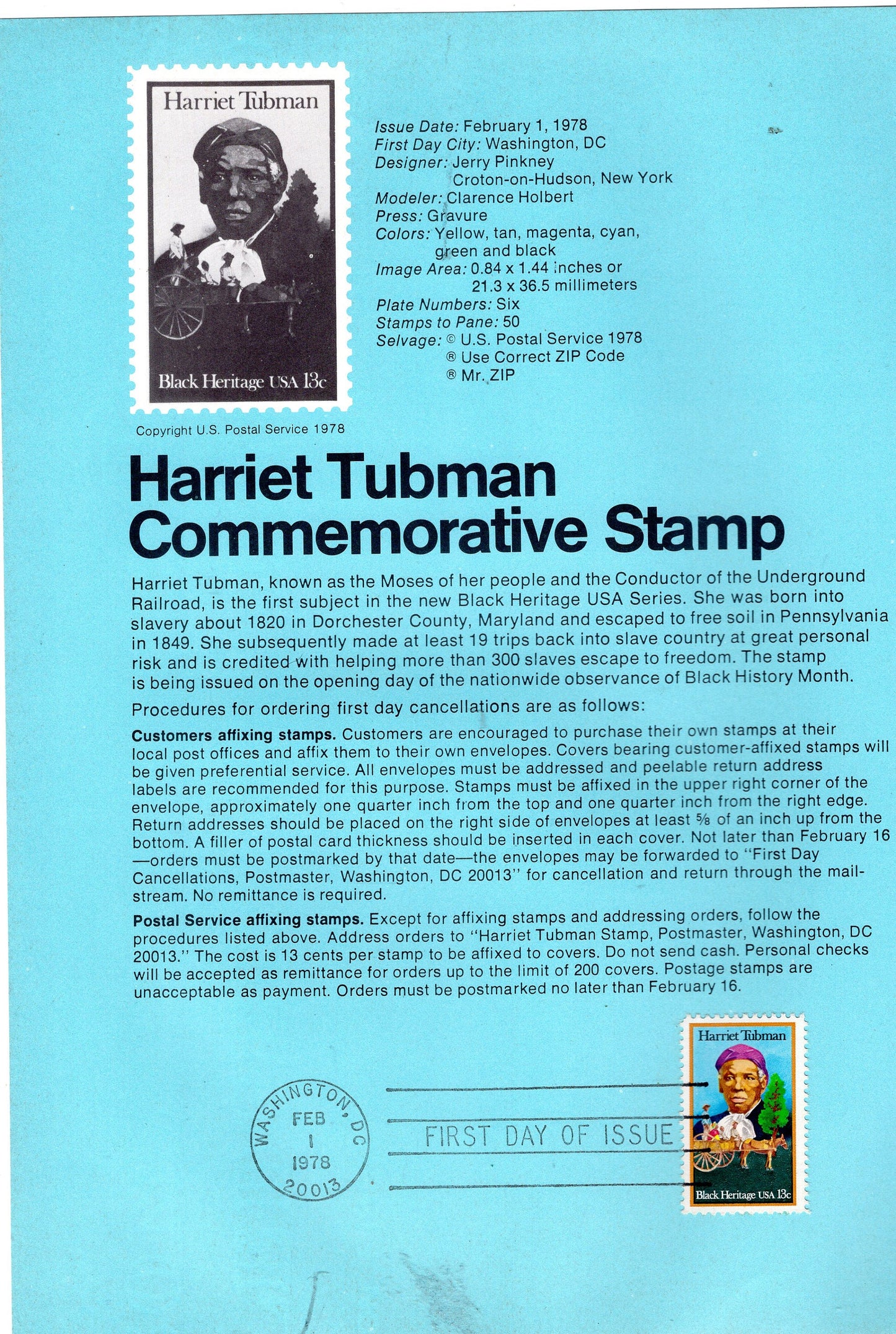 HARRIET TUBMAN Underground Rail Black Heritage Official USPS Souvenir Page Stamp First Day + Text - Vintage 1978-Stock# 1744