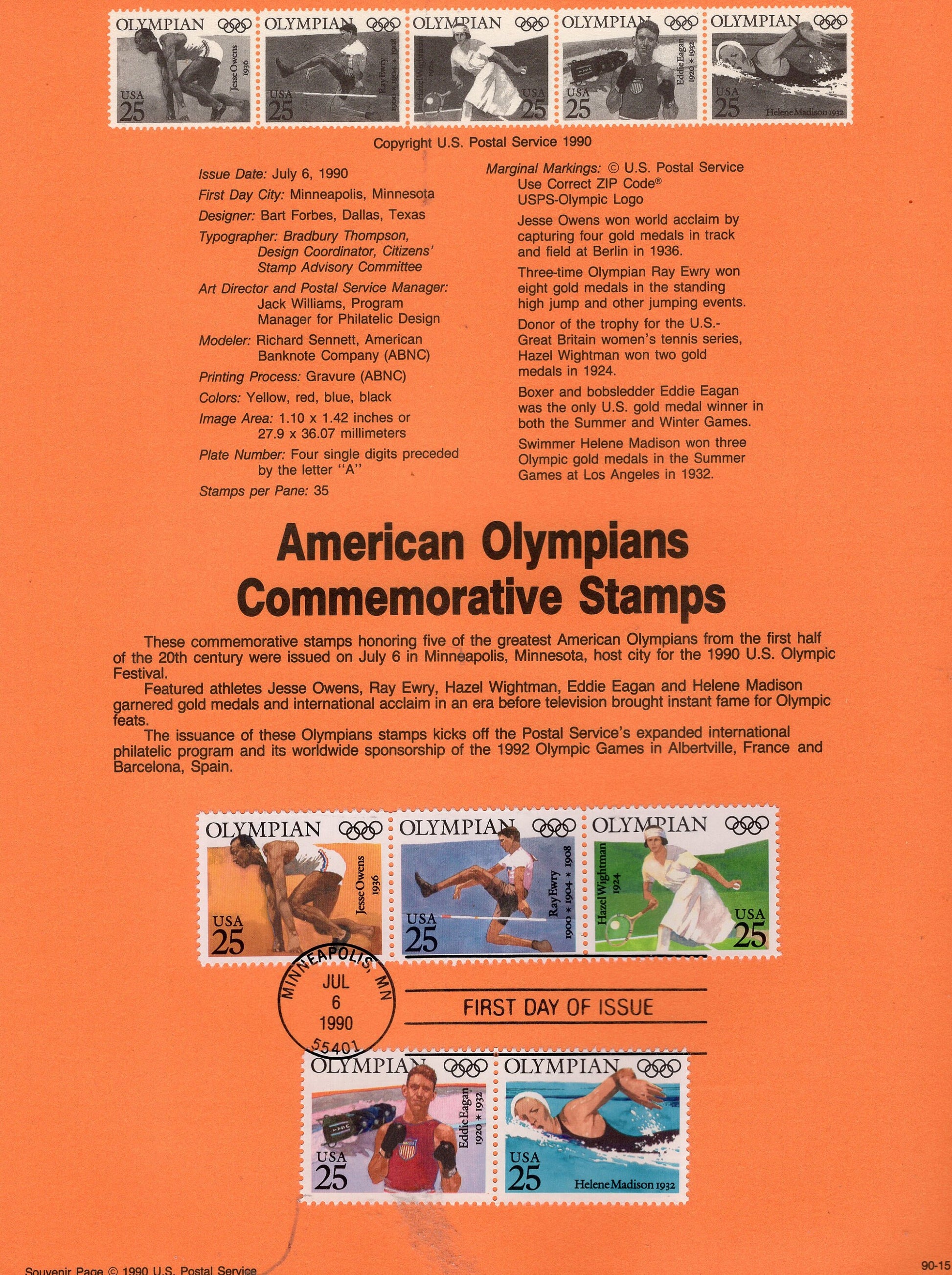 JESSIE OWENS + OLYMPIANS Track Tennis Boxer Swim Official Souvenir Page Stamp First Day + Text - Vintage 1990 - Stock# 2496