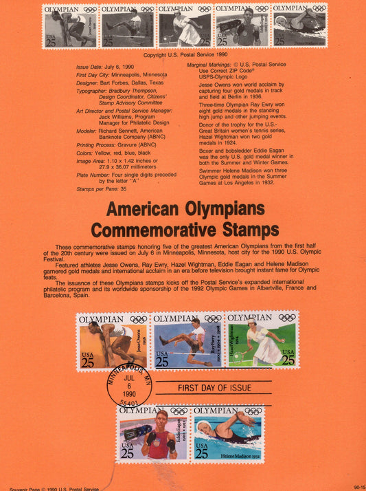 JESSIE OWENS + OLYMPIANS Track Tennis Boxer Swim Official Souvenir Page Stamp First Day + Text - Vintage 1990 - Stock# 2496