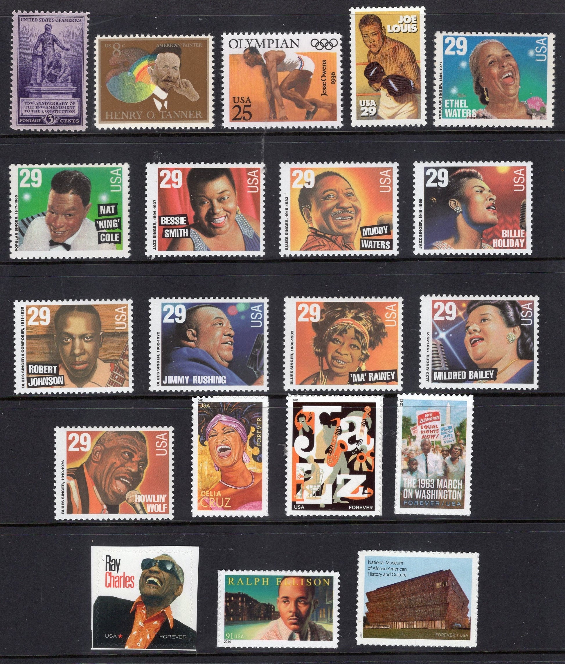 BLACK AMERICANS #3 Collection - 20 Fresh Bright Usa Stamps No Duplication with our other Black Heritage Collections -Stock# B3