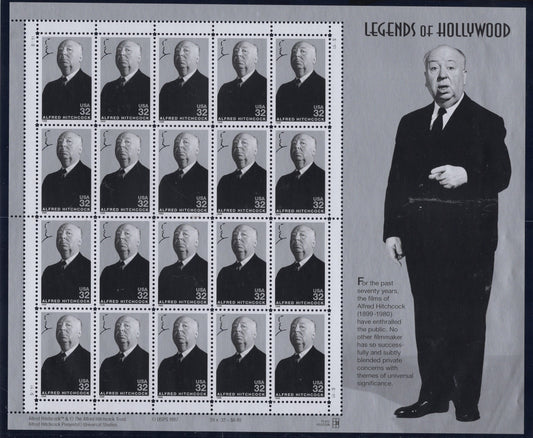 ALFRED HITCHCOCK Cinema Legend of HOLLYWOOD Decorative Sheet of 20 32c Stamps - Bright Fresh - Vintage 1998 - Stock# 3226 S 