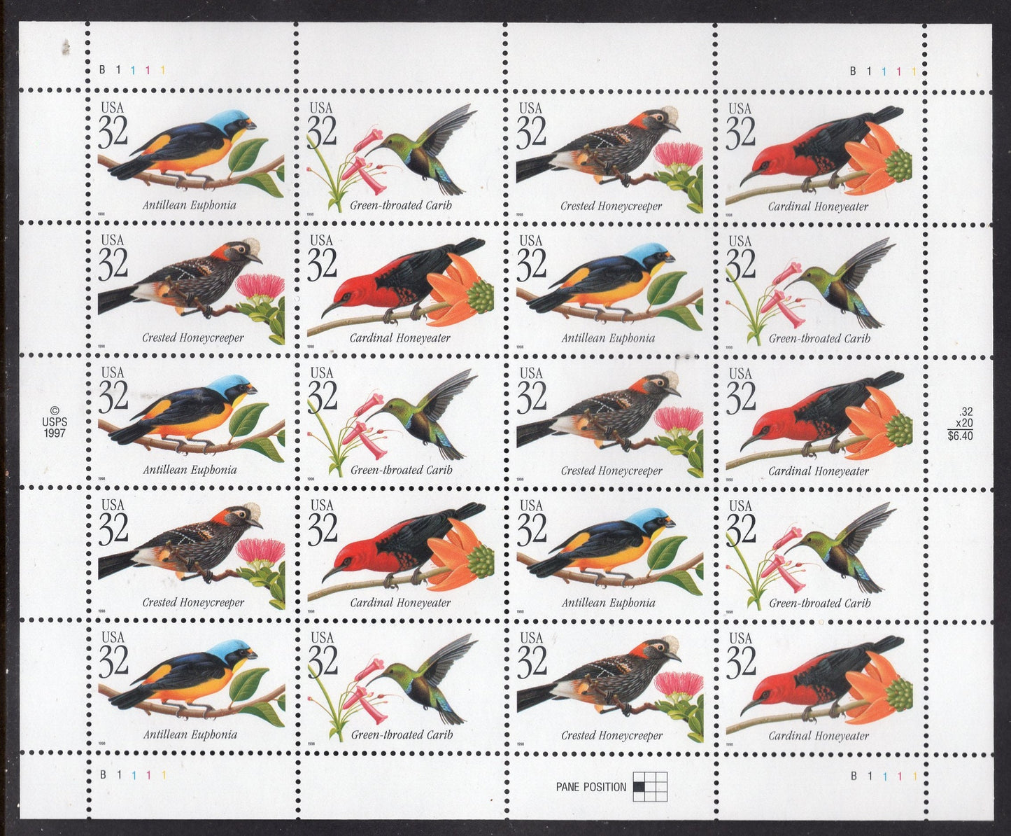 TROPICAL BIRDS Carib Antillean Honeycreeper Cardinal Sheet of 20 32c Stamps - Bright Fresh - Vintage 1998 - Stock# 3222 S 