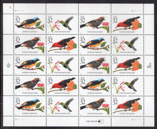 TROPICAL BIRDS Carib Antillean Honeycreeper Cardinal Sheet of 20 32c Stamps - Bright Fresh - Vintage 1998 - Stock# 3222 S 