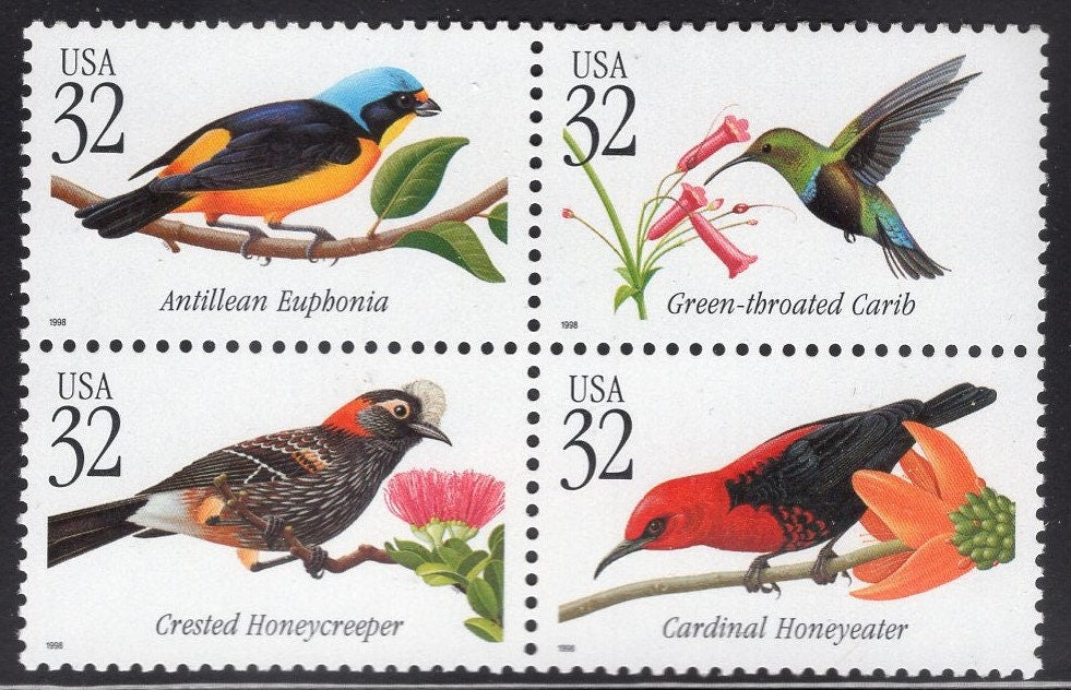 TROPICAL BIRDS Carib Antillean Honeycreeper Cardinal Sheet of 20 32c Stamps - Bright Fresh - Vintage 1998 - Stock# 3222 S 