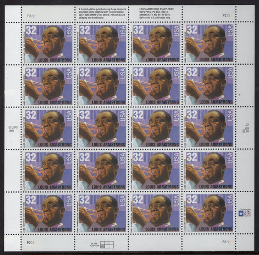 LOUIS "SATCHMO" ARMSTRONG 32c Sheet of 20 Jazz Trumpet Singer Music Legend Black American Heritage - Vintage 1995 - Stock# 2982-FreeUSA Ship