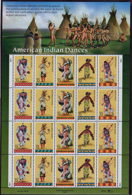 AMERICAN INDIAN DANCE Butterfly Fancy Raven Hoop Traditional Sheet of 20 Stamps - Bright Fresh - Vintage 1996 - Stock# 3072 S 